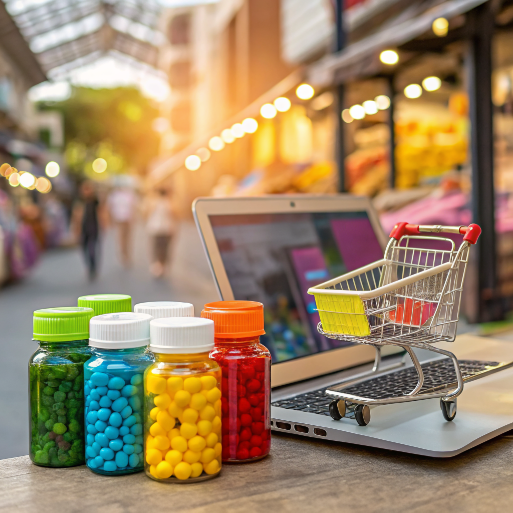 Laptop với giỏ hàng nhỏ bên cạnh các lọ vitamin nhiều màu — biểu tượng kết hợp mua sắm online và offline